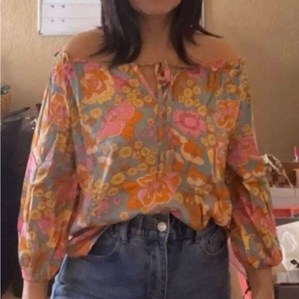 032 Boho Orange Floral Print Off Shoulder Blouse